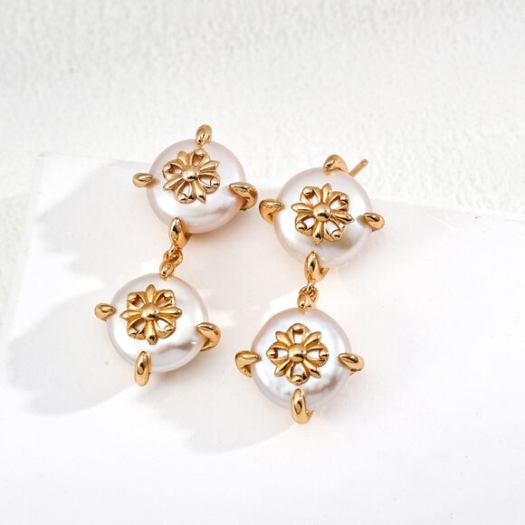 ✨ Artisan Original Design Fleur de Lis Coin Pearl Drop Earrings | S925 - Picture 1 of 4